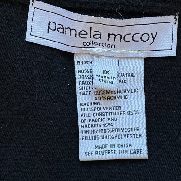 Pamela McCoy Black Wrap Cardigan Wool Blend Mob Wife Faux Fur Collar Size 1X - Picture 4 of 6